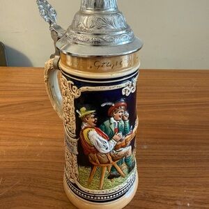 German-Style Ceramic Beer Stein with Pewter Lid - Navy & Cream